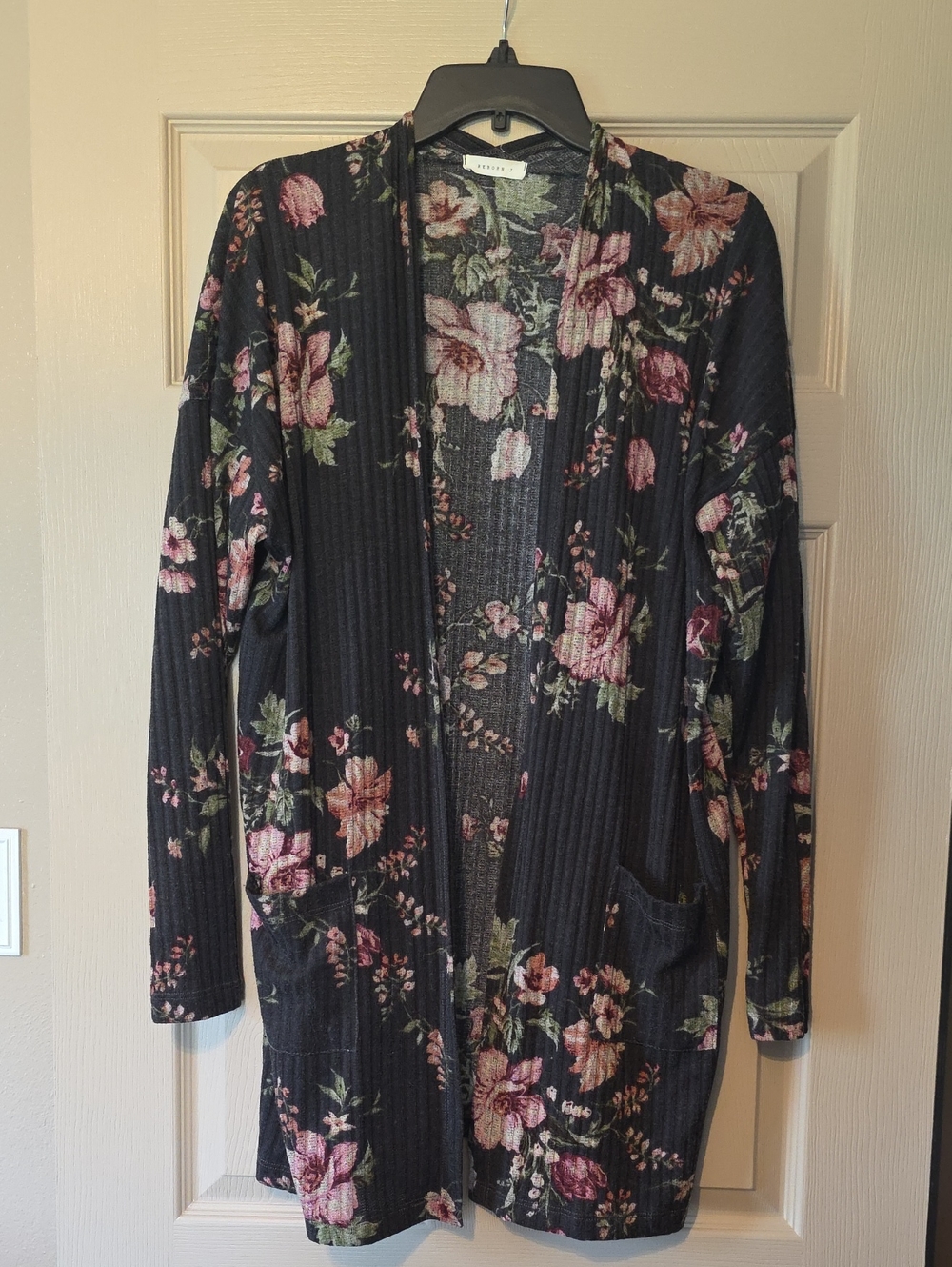 Reborn J Black Floral Open-Front Cardigan with Pockets